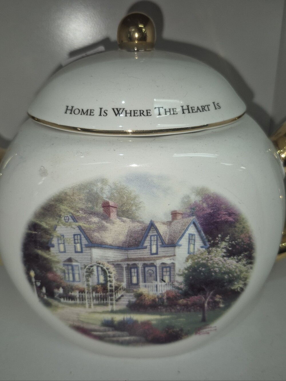 Vintage Porcelain Teapot with Cottage Illustration and Gold Trim